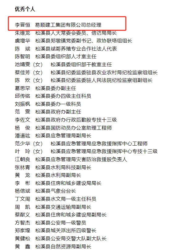 喜報！易順建工集團與總經(jīng)理李晉恒雙雙榮獲松溪縣“6·9”極端暴雨洪澇災(zāi)害防御優(yōu)秀表彰。